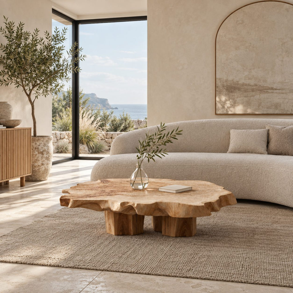 Natural Raw Edge Solid Wood Coffee Table With Chunky Block Legs For Lounge