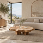 Natural Raw Edge Solid Wood Coffee Table With Chunky Block Legs For Lounge