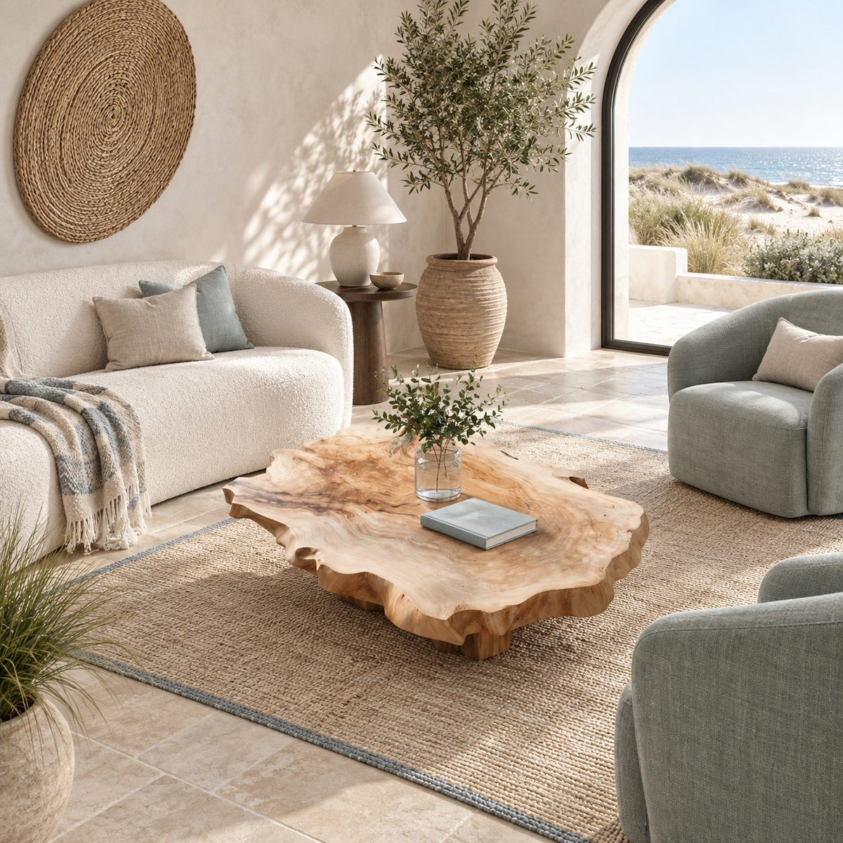 Natural Raw Edge Solid Wood Coffee Table With Chunky Block Legs For Lounge