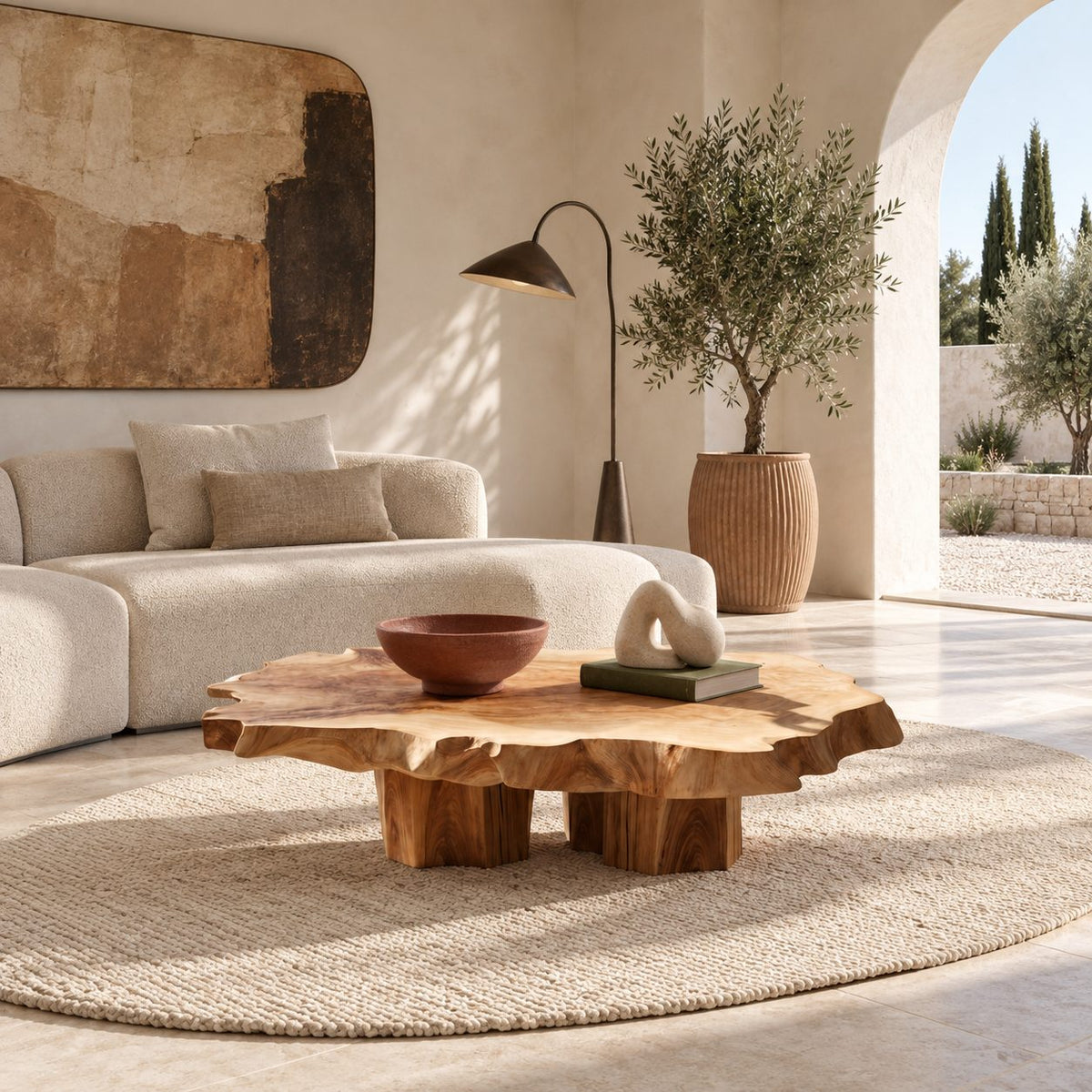 Natural Raw Edge Solid Wood Coffee Table With Chunky Block Legs For Lounge