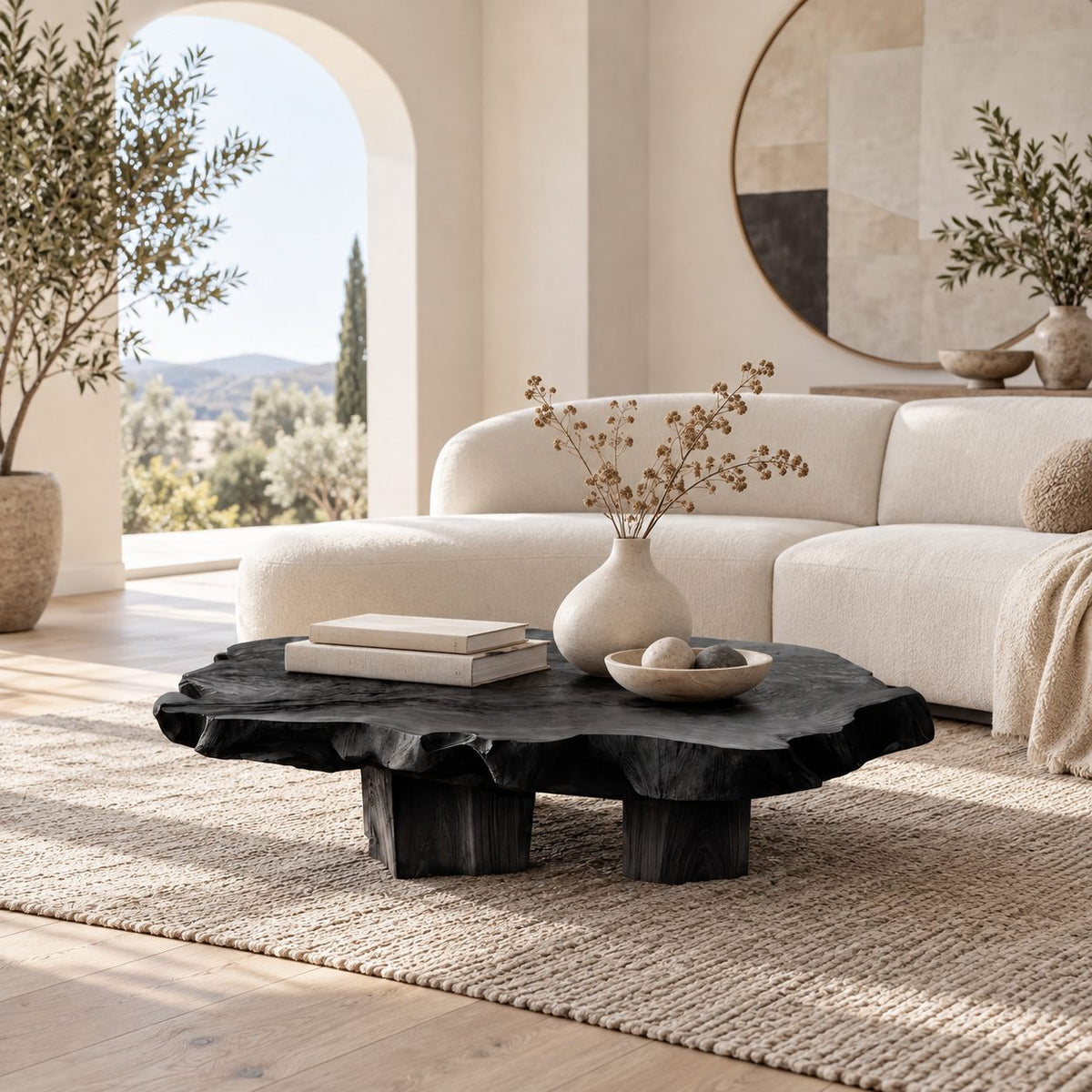 Natural Raw Edge Solid Wood Coffee Table With Chunky Block Legs For Lounge