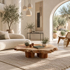 Natural Raw Edge Solid Wood Coffee Table With Chunky Block Legs For Lounge