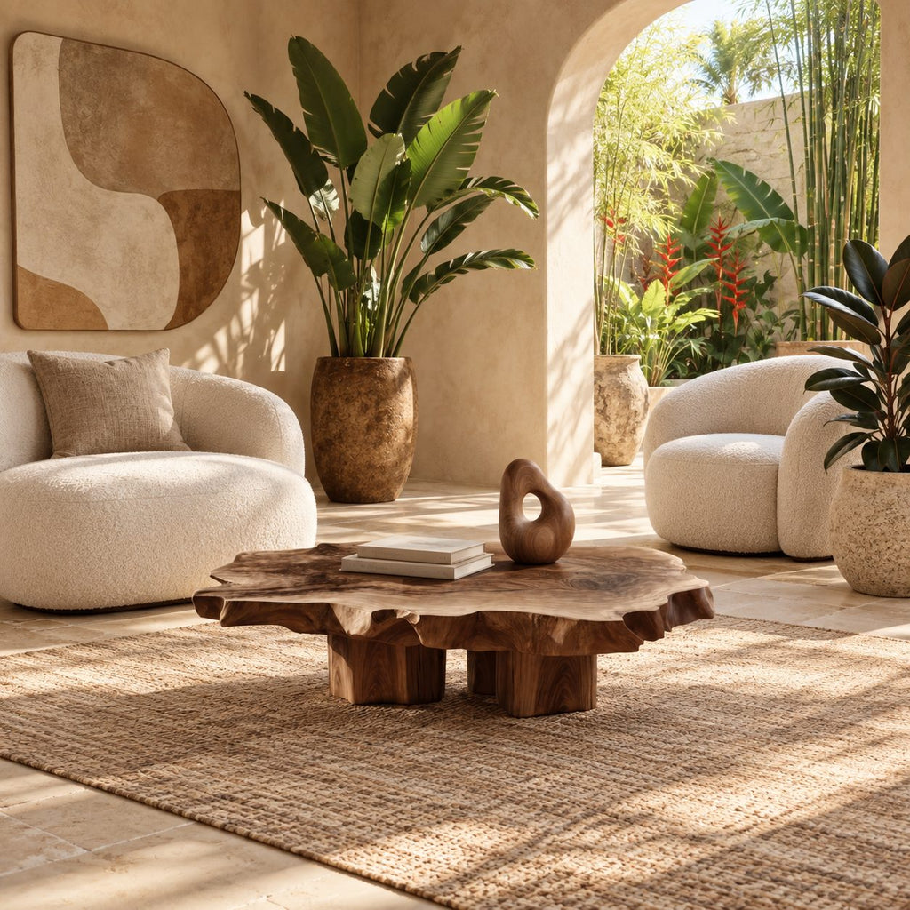 Natural Raw Edge Solid Wood Coffee Table With Chunky Block Legs For Lounge