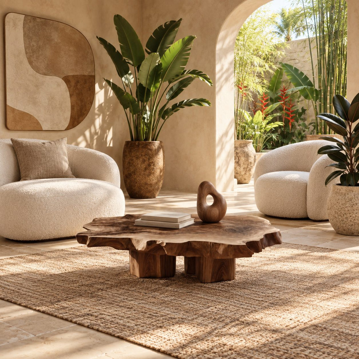 Natural Raw Edge Solid Wood Coffee Table With Chunky Block Legs For Lounge