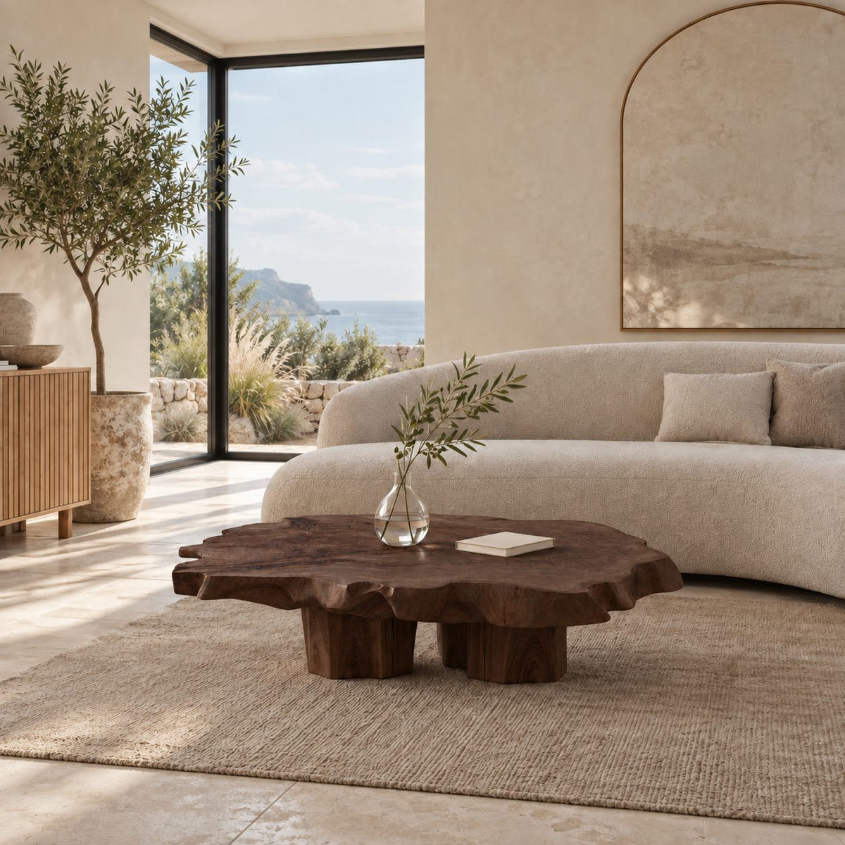 Natural Raw Edge Solid Wood Coffee Table With Chunky Block Legs For Lounge