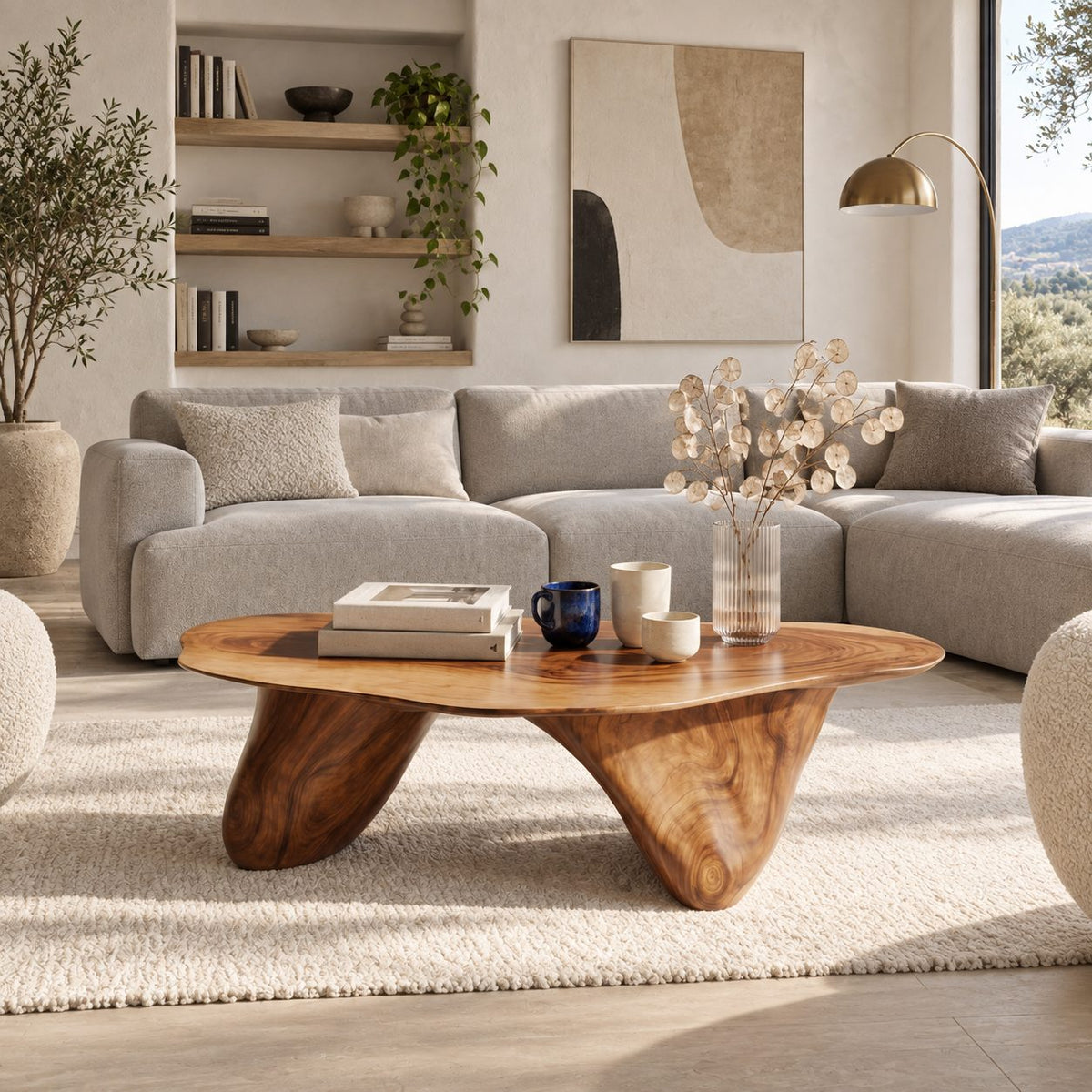 Modern Freeform Wooden Coffee Table With Two Sculpted Legs For Living Room
