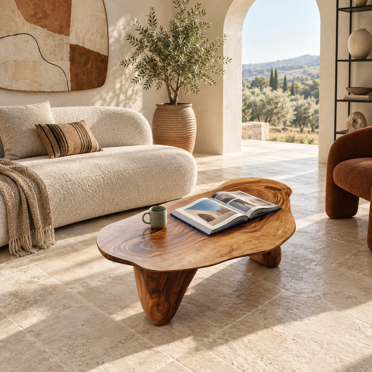 Modern Freeform Wooden Coffee Table With Two Sculpted Legs For Living Room