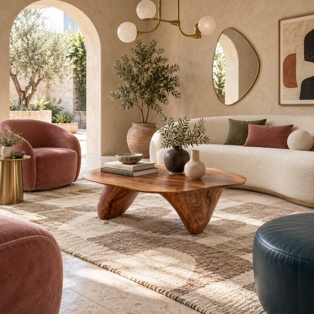 Modern Freeform Wooden Coffee Table With Two Sculpted Legs For Living Room
