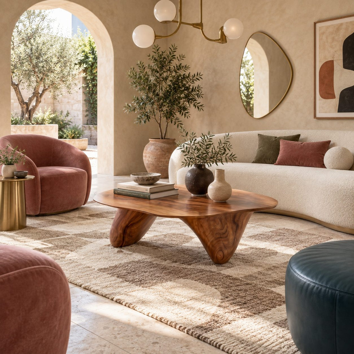 Modern Freeform Wooden Coffee Table With Two Sculpted Legs For Living Room