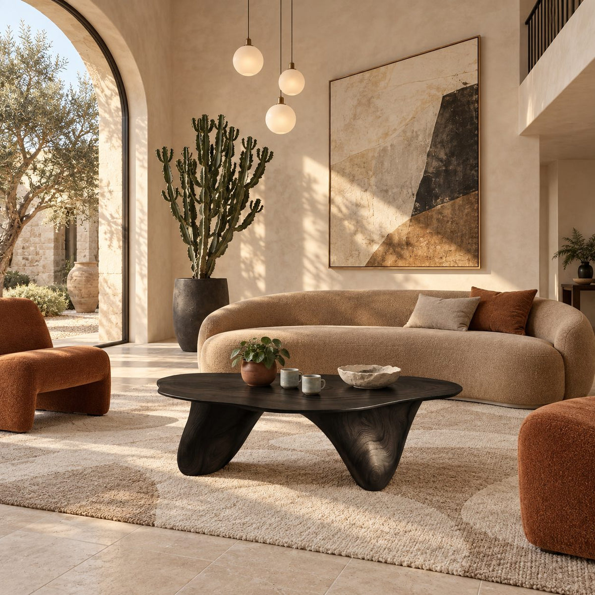 Modern Freeform Wooden Coffee Table With Two Sculpted Legs For Living Room