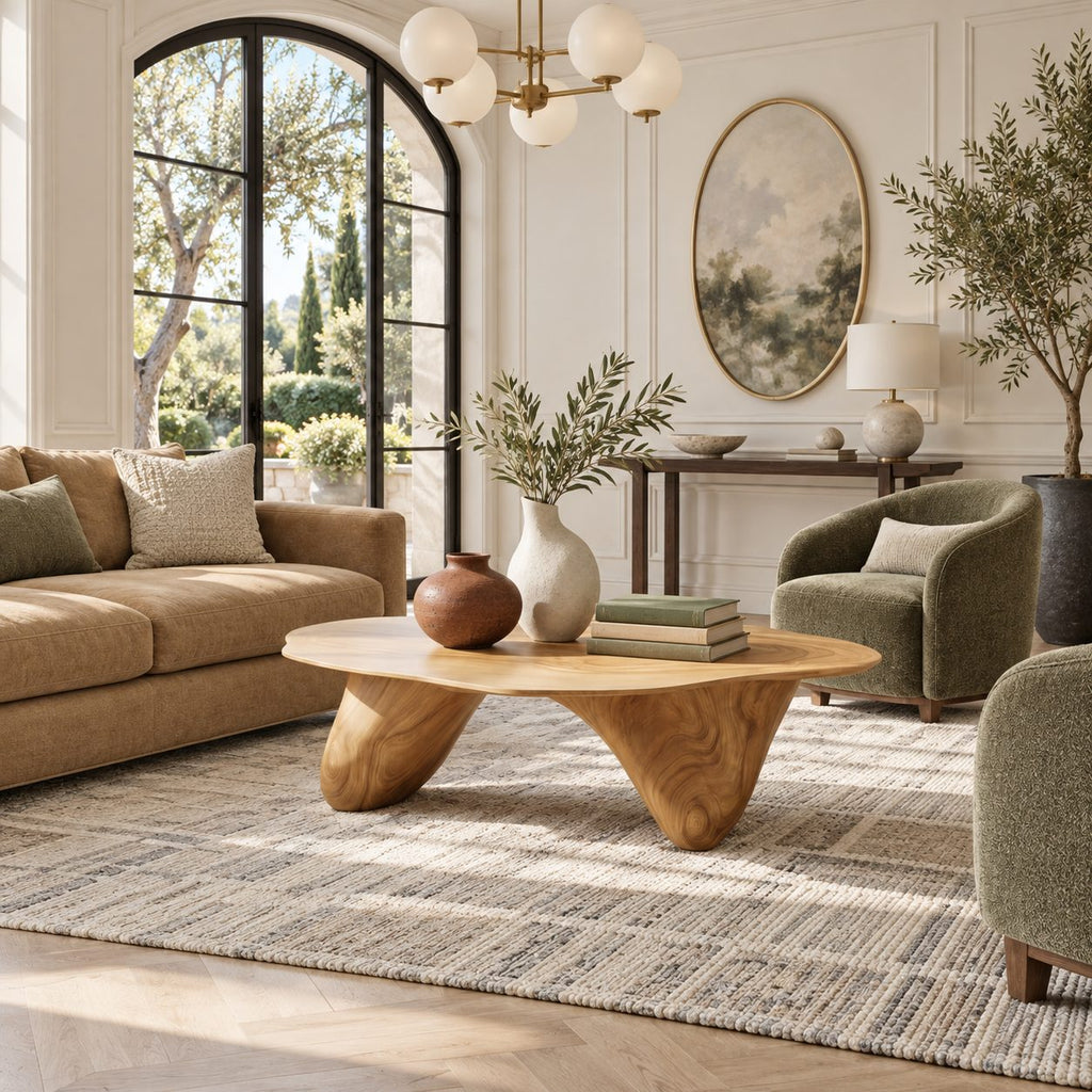Modern Freeform Wooden Coffee Table With Two Sculpted Legs For Living Room