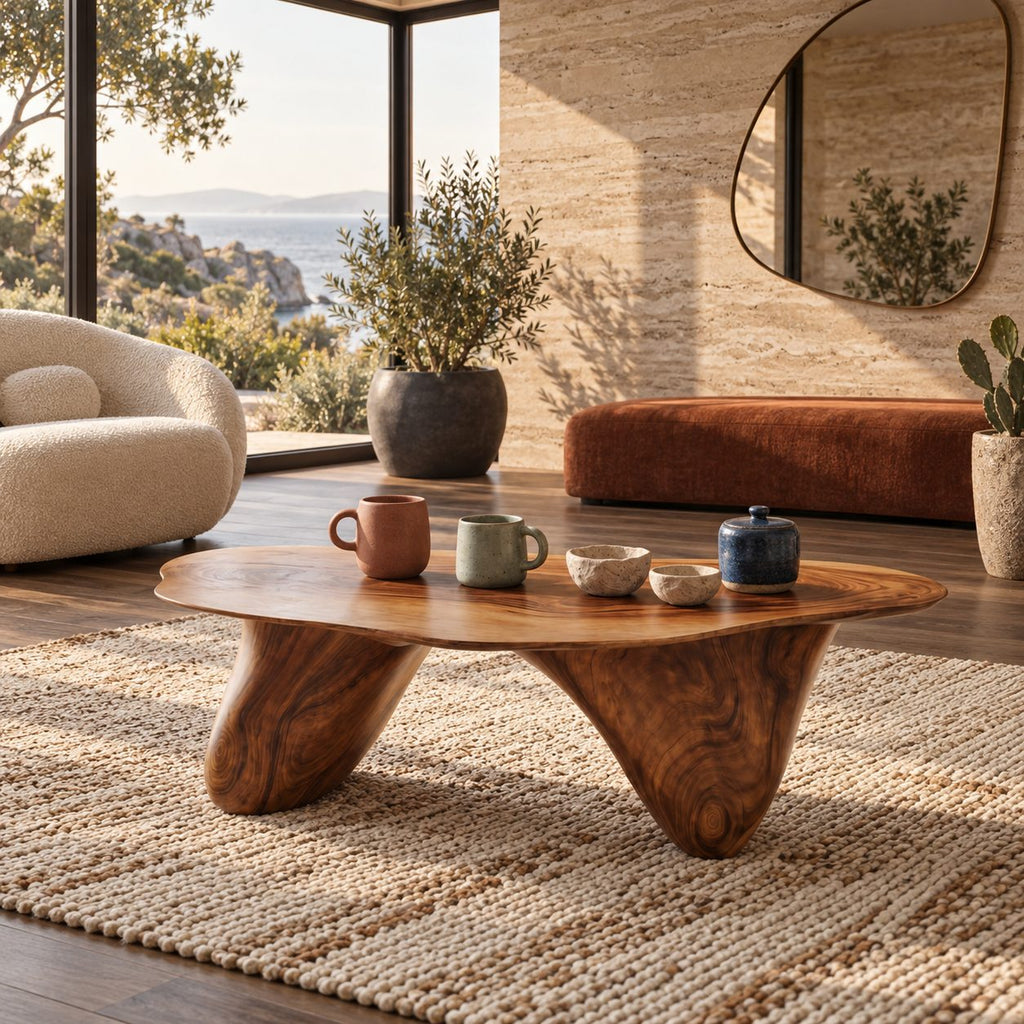 Modern Freeform Wooden Coffee Table With Two Sculpted Legs For Living Room