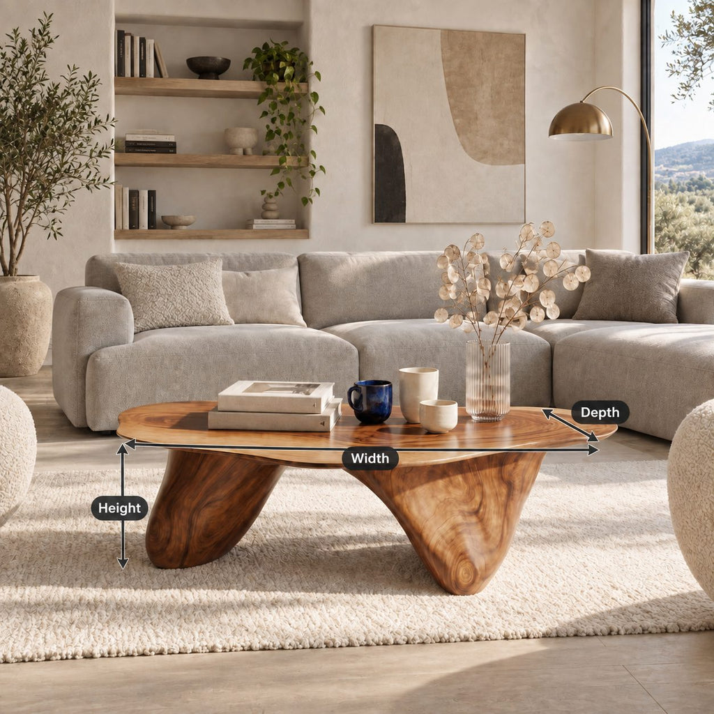 Modern Freeform Wooden Coffee Table With Two Sculpted Legs For Living Room