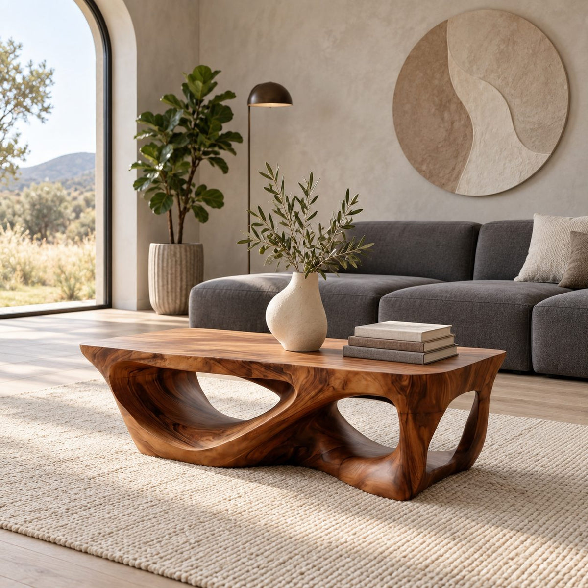 Brutalist Carved Solid Wood Coffee Table With Open Cutouts For Living Room