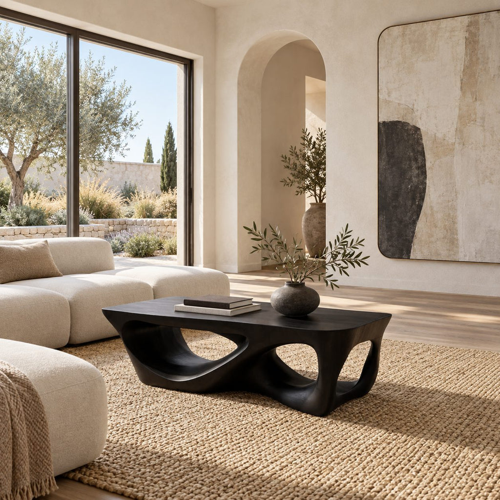 Brutalist Carved Solid Wood Coffee Table With Open Cutouts For Living Room