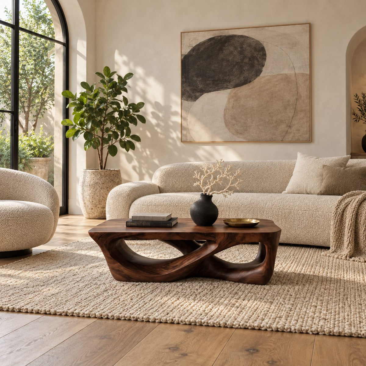 Brutalist Carved Solid Wood Coffee Table With Open Cutouts For Living Room
