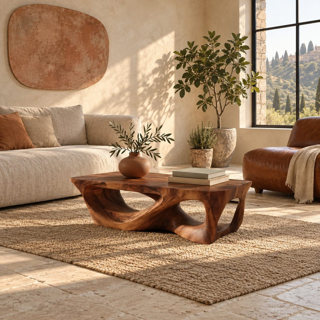 Brutalist Carved Solid Wood Coffee Table With Open Cutouts For Living Room