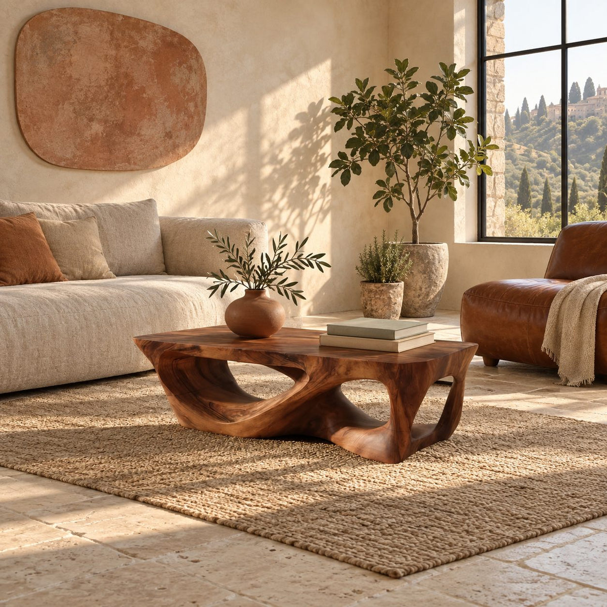 Brutalist Carved Solid Wood Coffee Table With Open Cutouts For Living Room