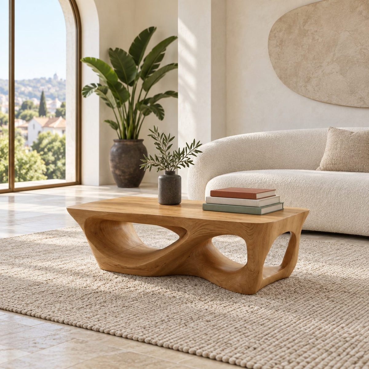 Brutalist Carved Solid Wood Coffee Table With Open Cutouts For Living Room