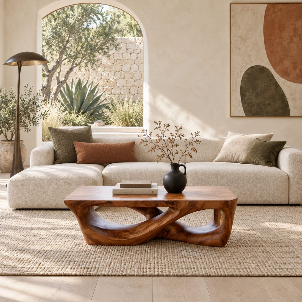 Brutalist Carved Solid Wood Coffee Table With Open Cutouts For Living Room