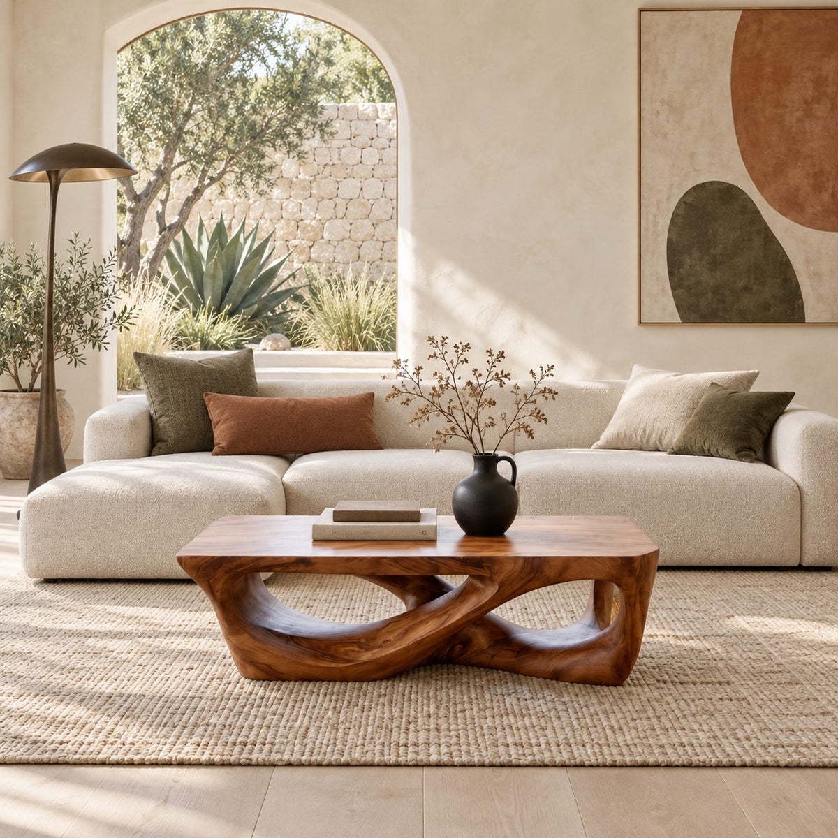 Brutalist Carved Solid Wood Coffee Table With Open Cutouts For Living Room