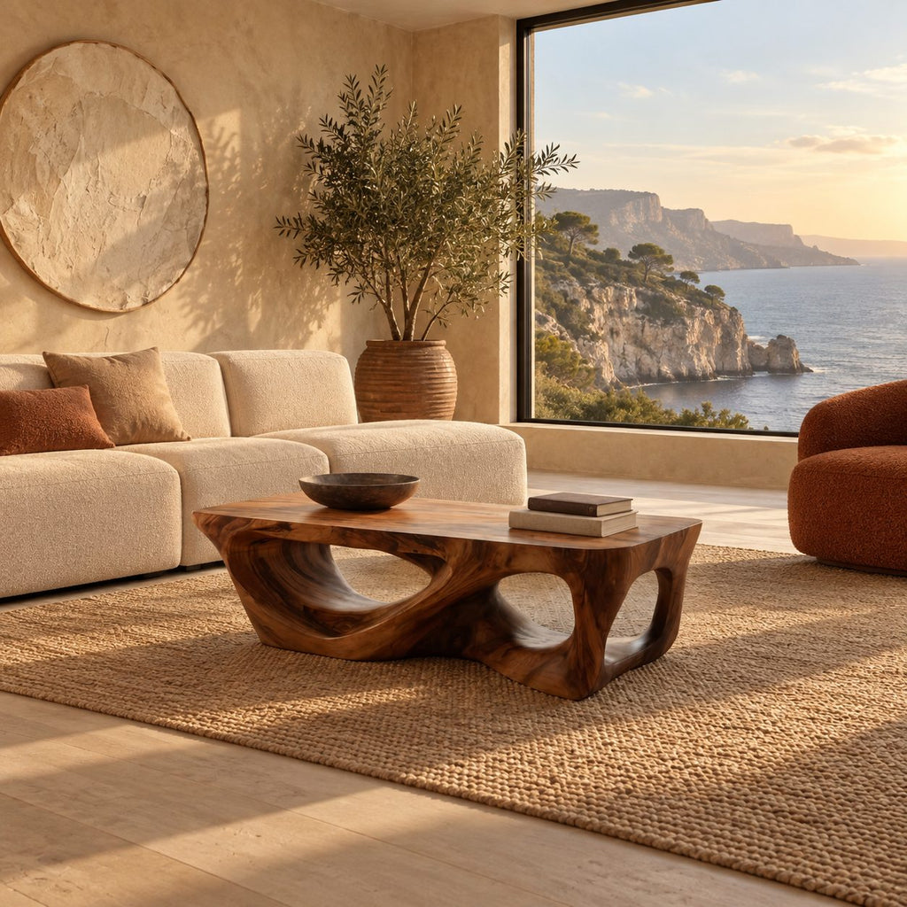 Brutalist Carved Solid Wood Coffee Table With Open Cutouts For Living Room
