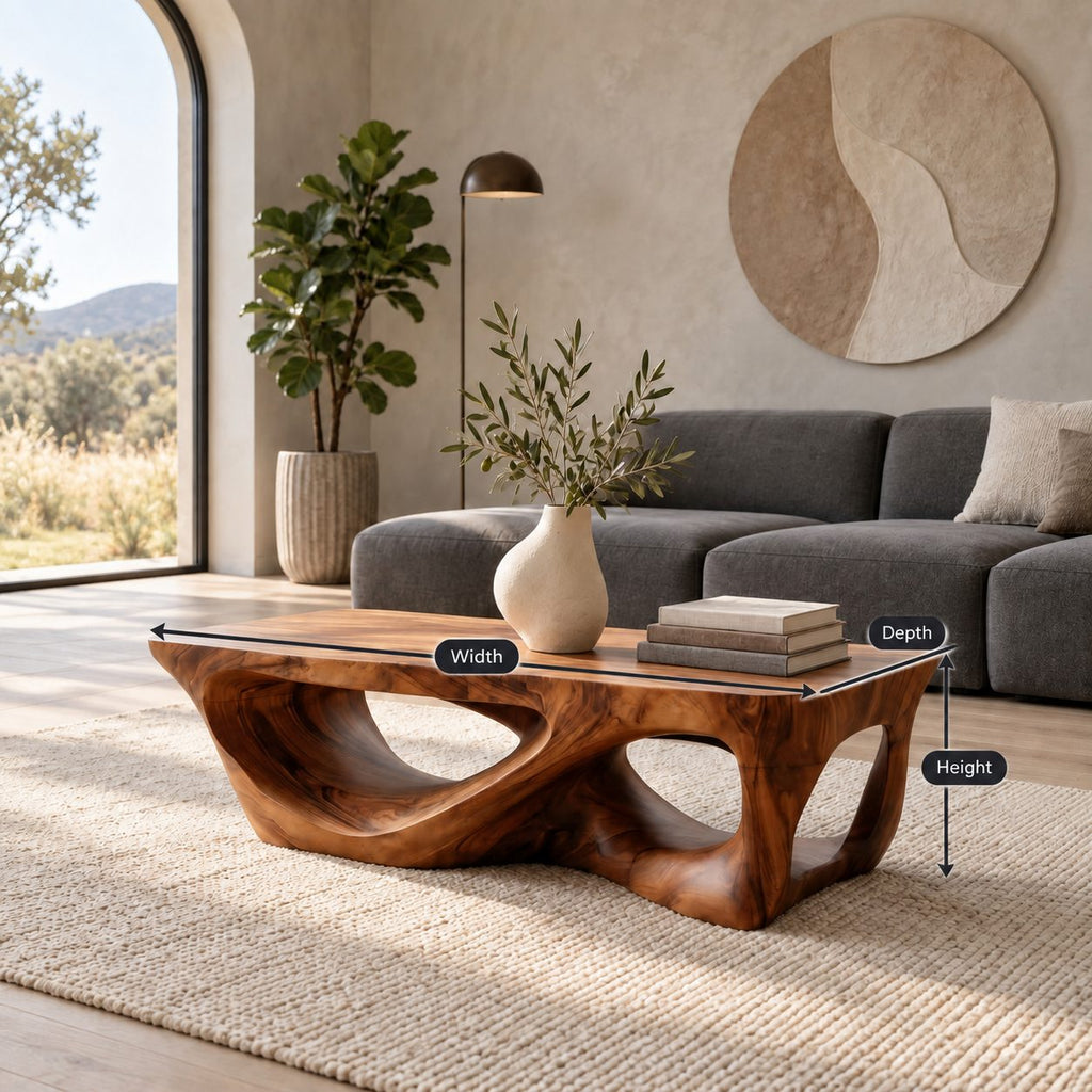 Brutalist Carved Solid Wood Coffee Table With Open Cutouts For Living Room