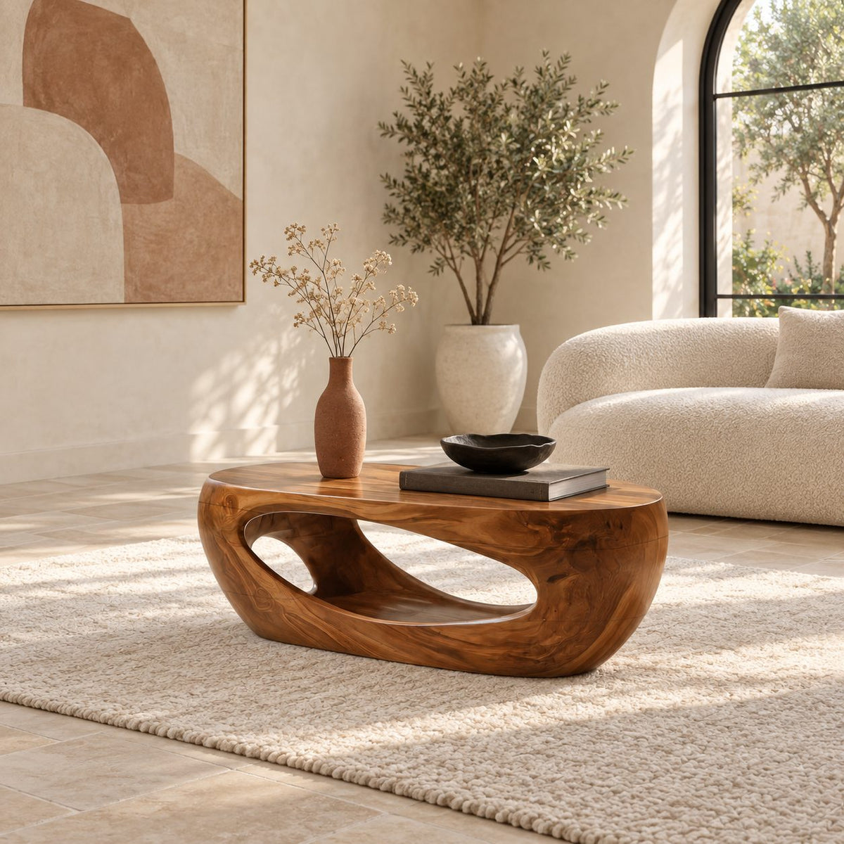 Sculptural Carved Wood Coffee Table With Open Cutout Base For Living Room
