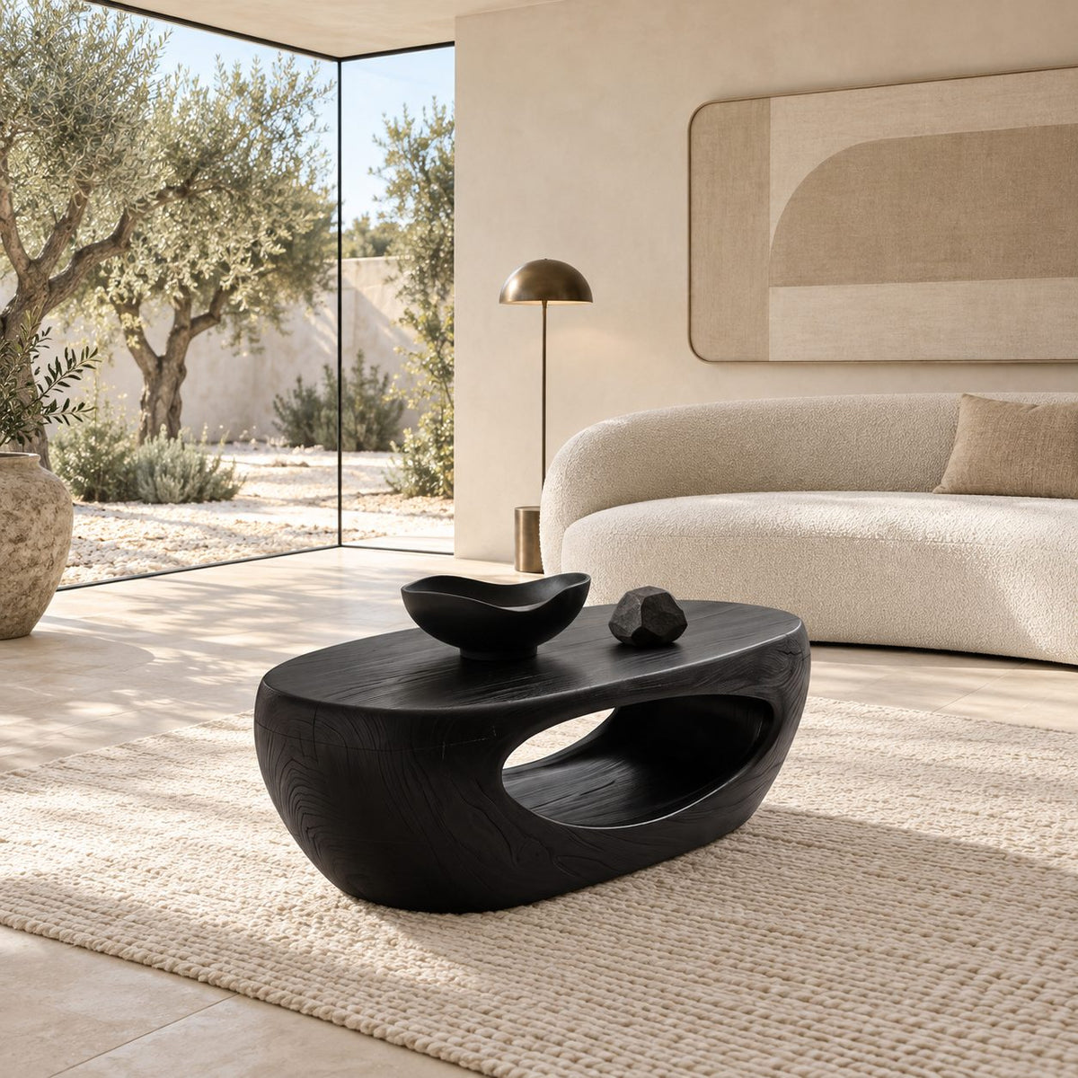 Sculptural Carved Wood Coffee Table With Open Cutout Base For Living Room