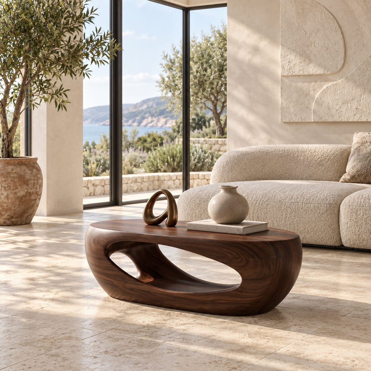 Sculptural Carved Wood Coffee Table With Open Cutout Base For Living Room