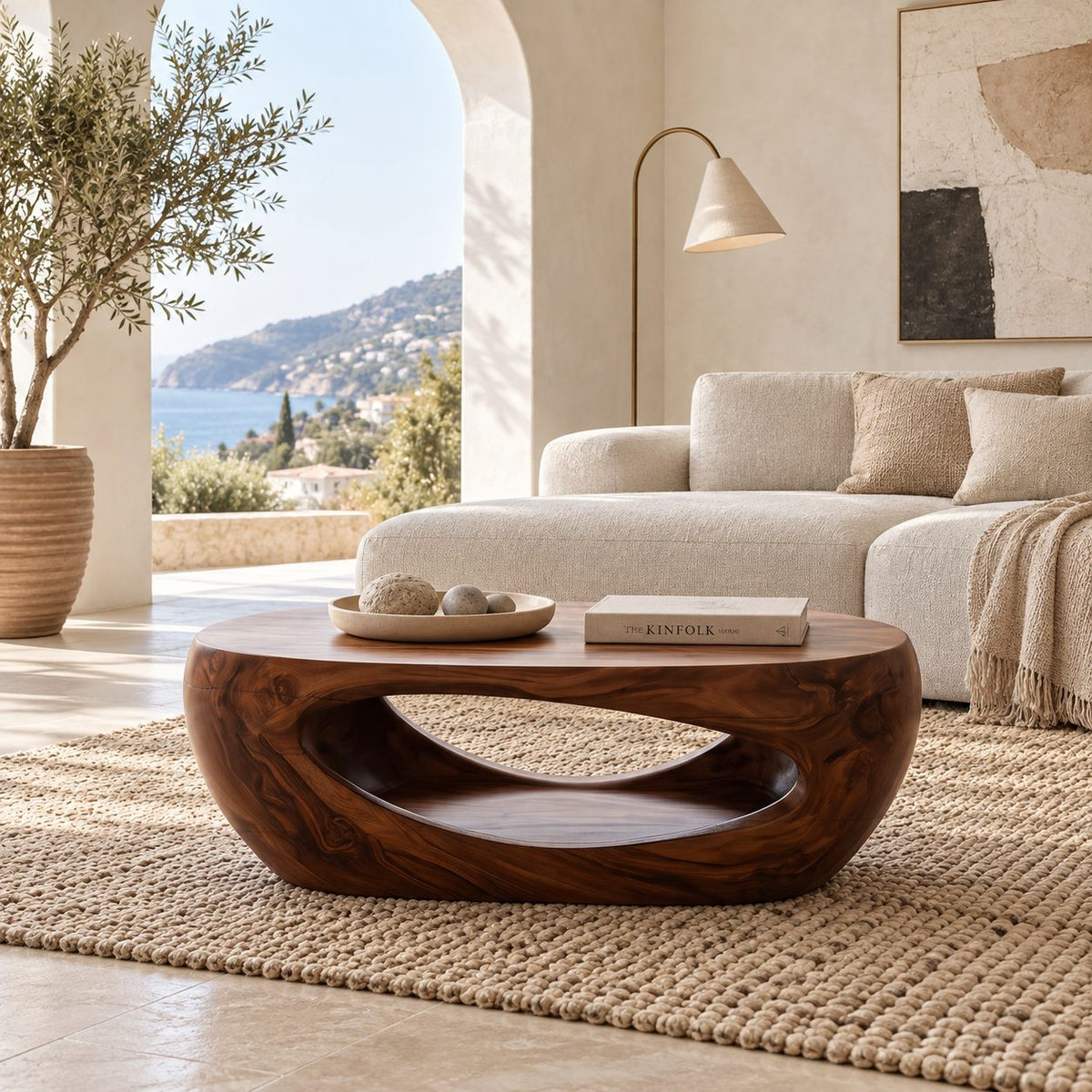 Sculptural Carved Wood Coffee Table With Open Cutout Base For Living Room