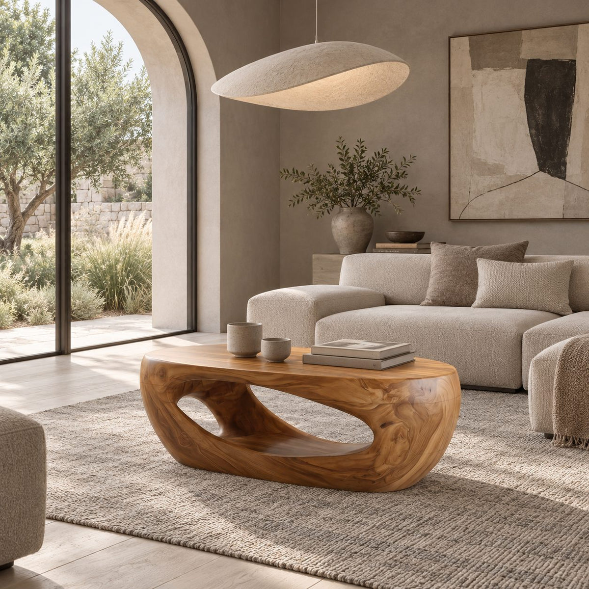 Sculptural Carved Wood Coffee Table With Open Cutout Base For Living Room