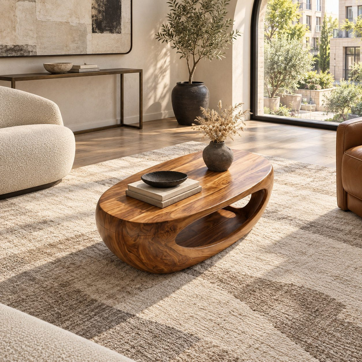 Sculptural Carved Wood Coffee Table With Open Cutout Base For Living Room