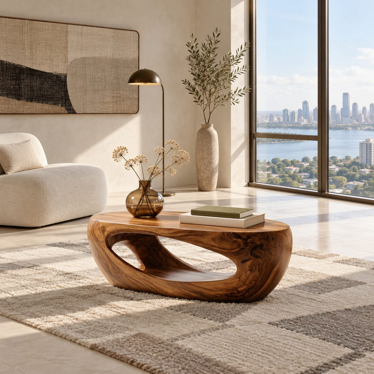 Sculptural Carved Wood Coffee Table With Open Cutout Base For Living Room