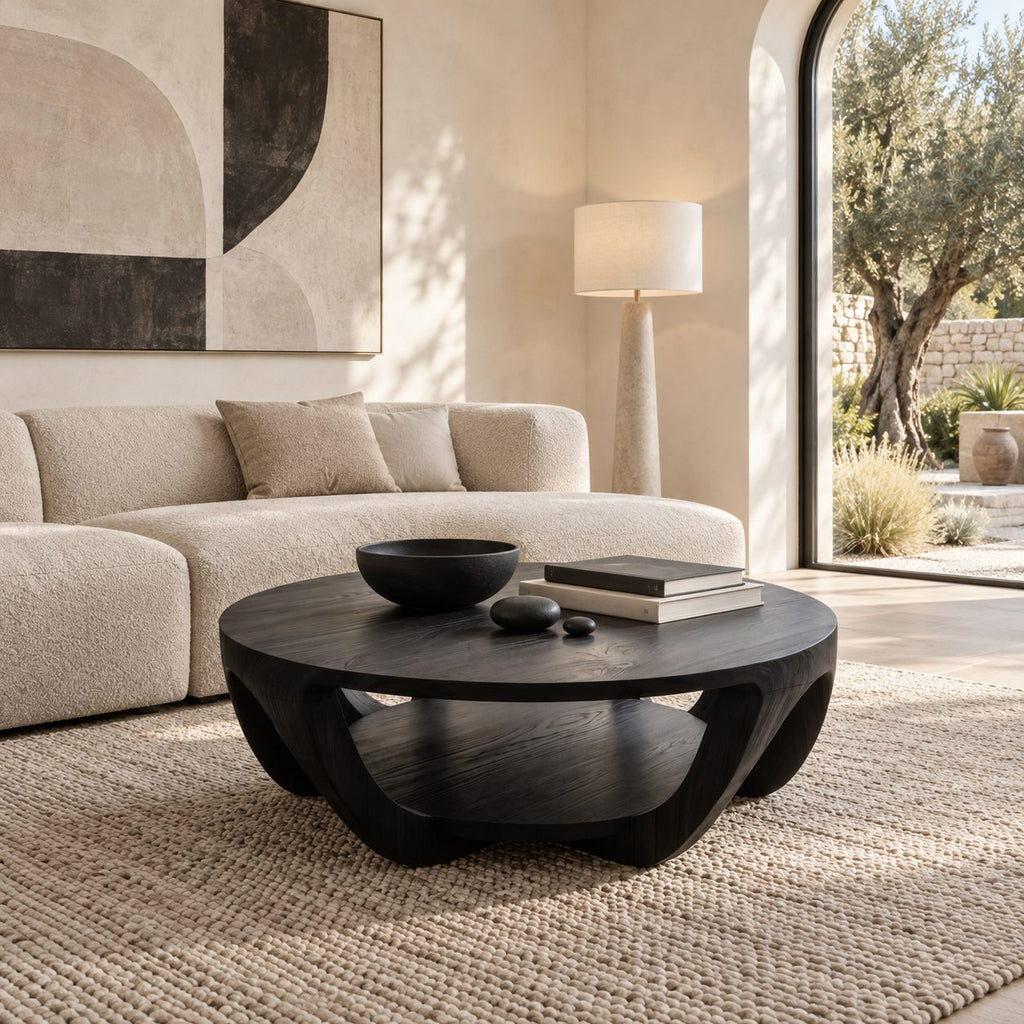 Scandinavian Round Wooden Coffee Table With Arched Legs For Living Room