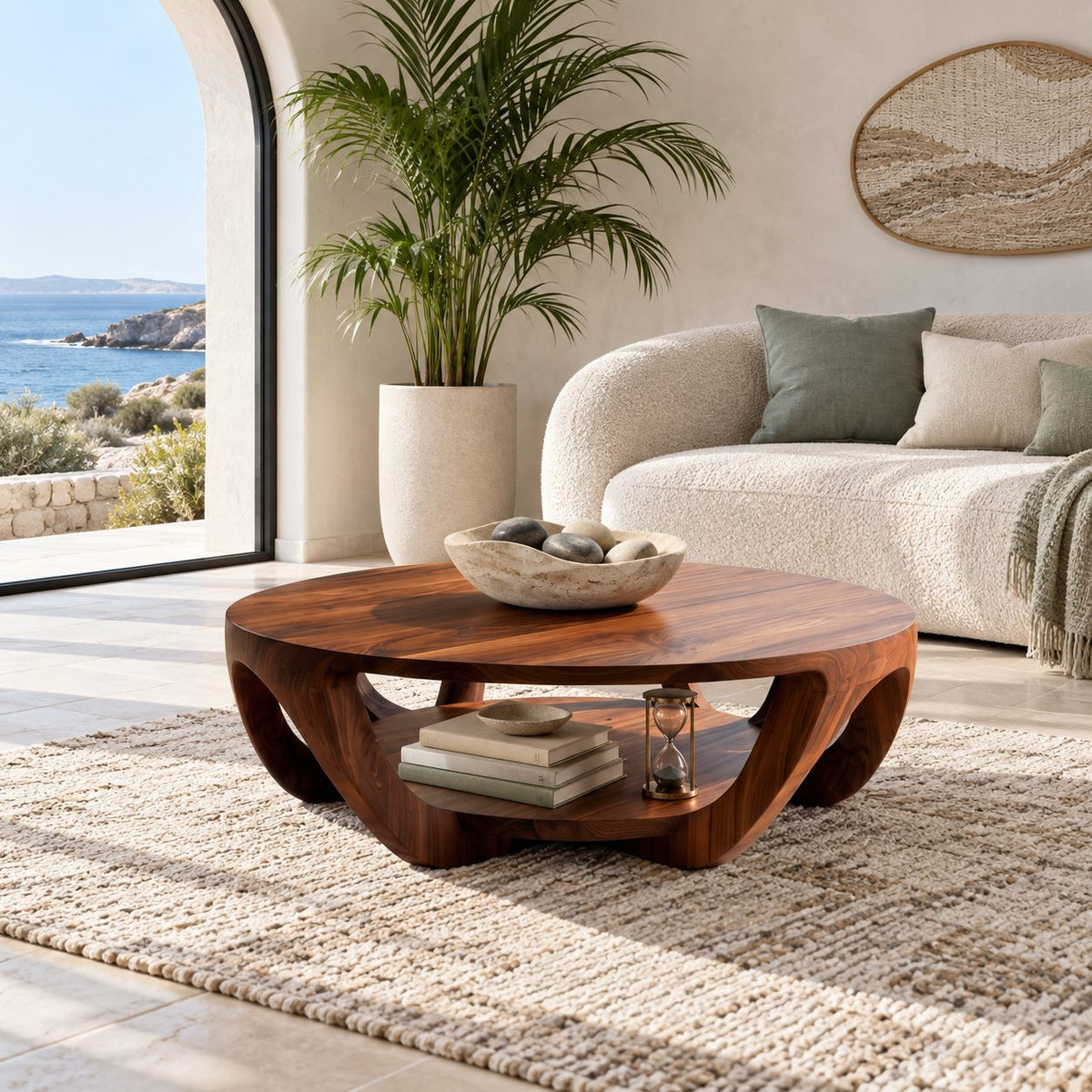 Scandinavian Round Wooden Coffee Table With Arched Legs For Living Room