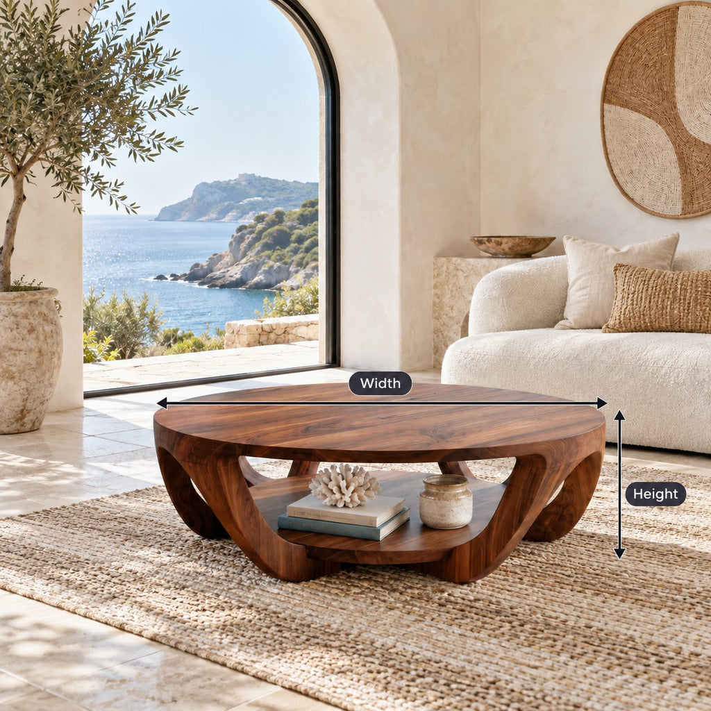 Scandinavian Round Wooden Coffee Table With Arched Legs For Living Room