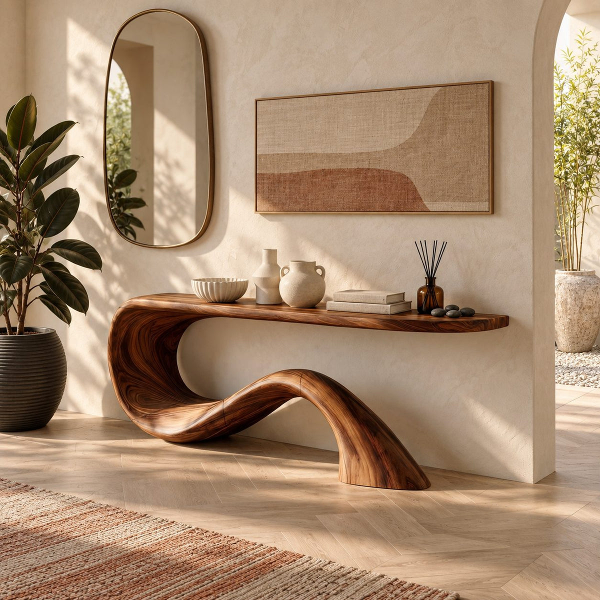 Minimalist Wave Base Console Table With Floating Top For Entryway