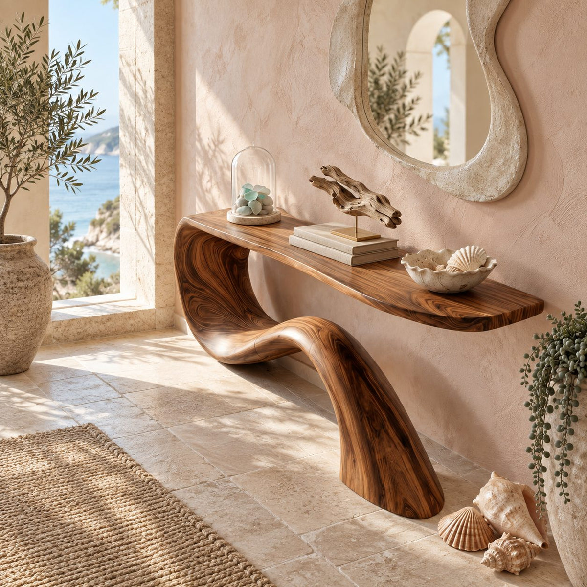 Minimalist Wave Base Console Table With Floating Top For Entryway