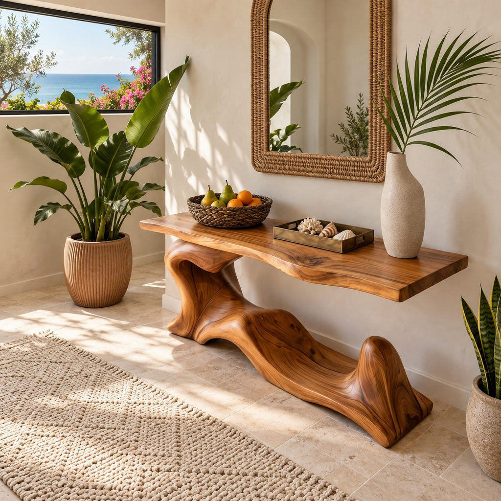 Coastal Wave Base Console Table With Lower Display Shelf For Entryway