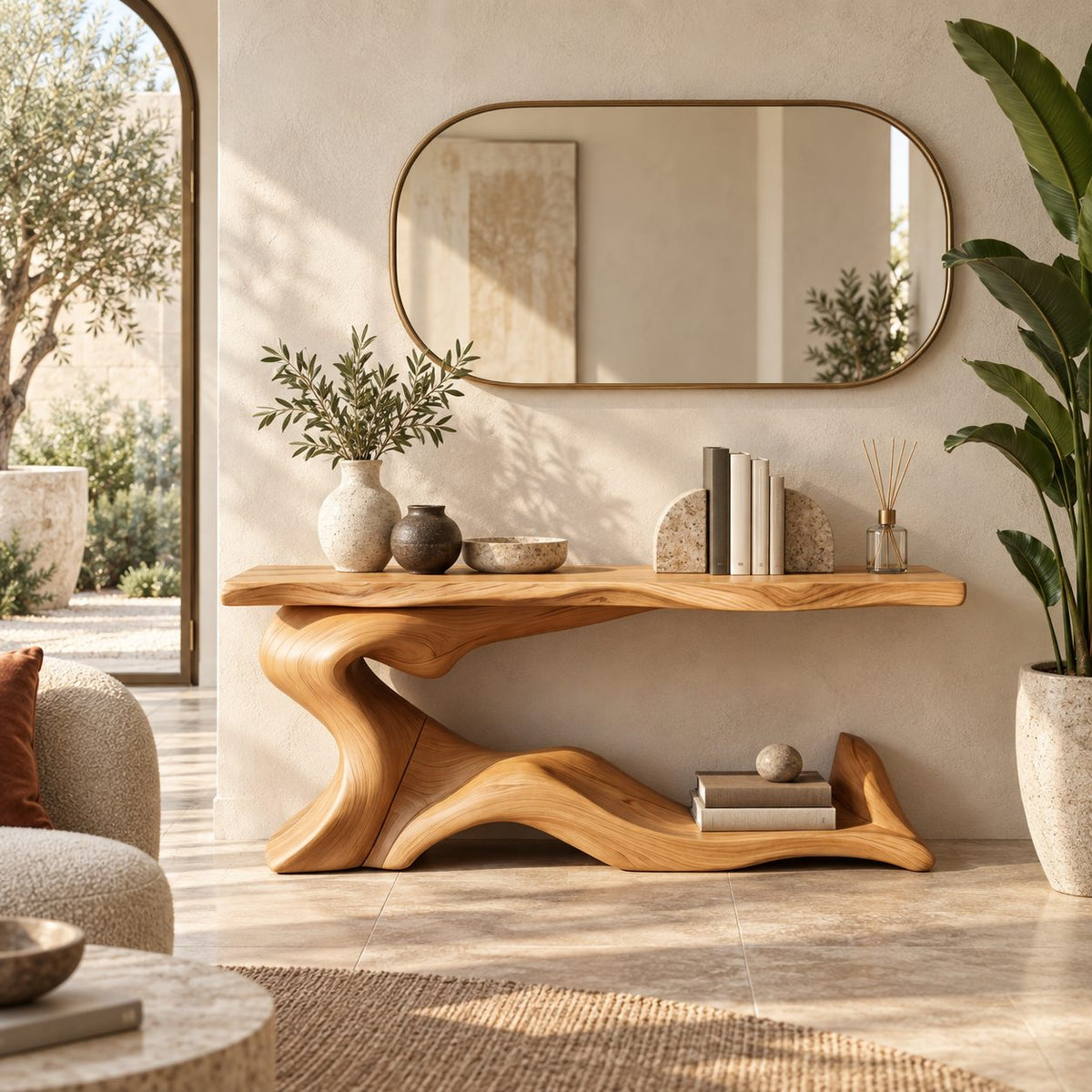 Coastal Wave Base Console Table With Lower Display Shelf For Entryway