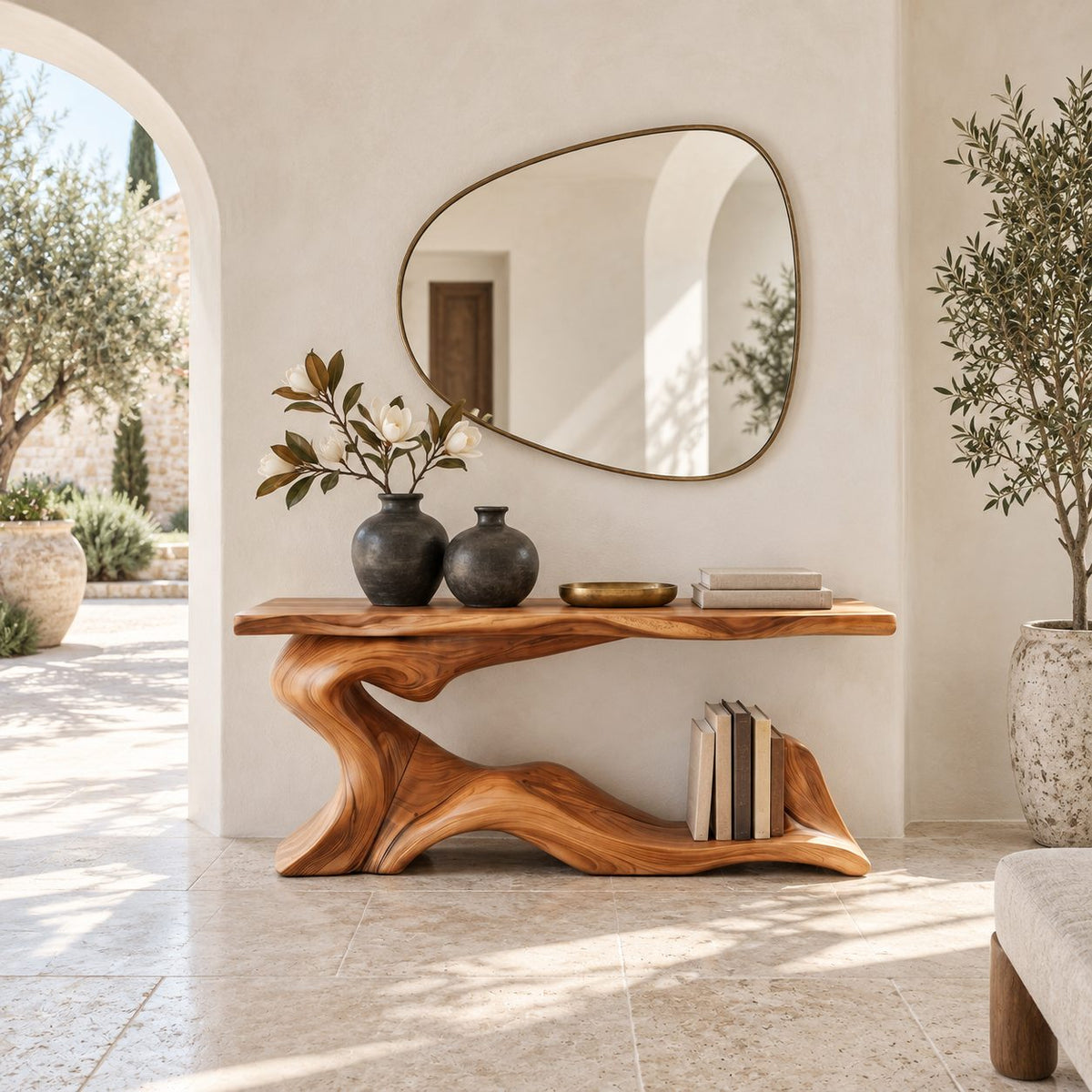 Coastal Wave Base Console Table With Lower Display Shelf For Entryway