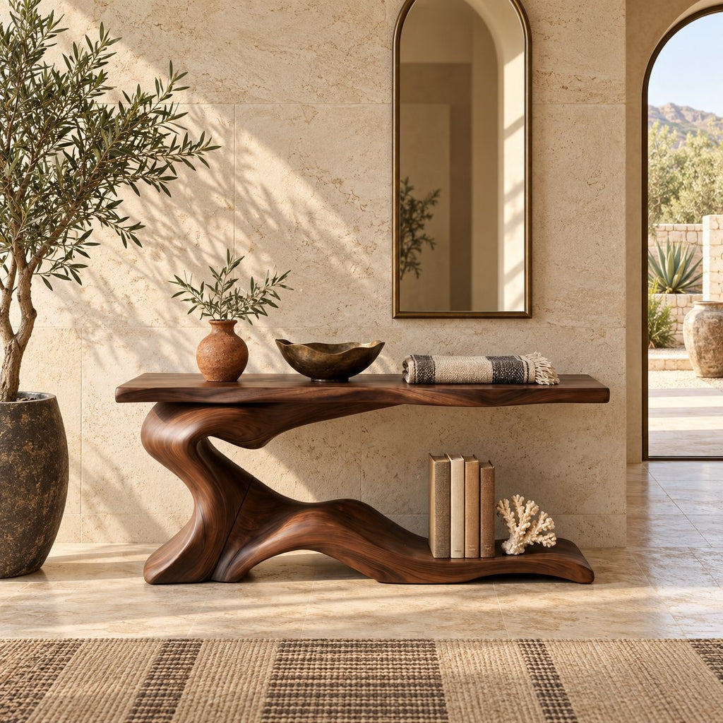 Coastal Wave Base Console Table With Lower Display Shelf For Entryway