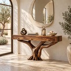 Rustic Tree Root Console Table With 3 Drawers For Entryway And Office