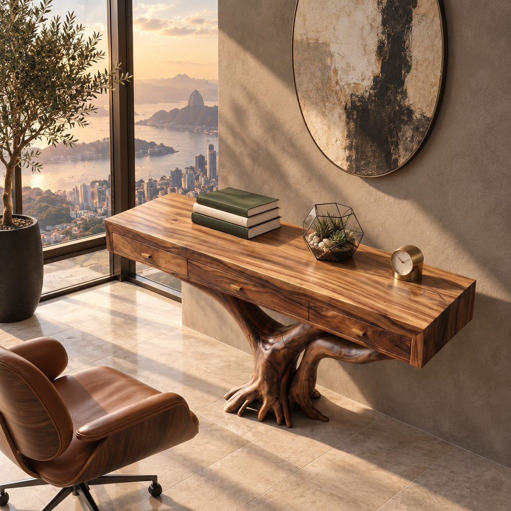Rustic Tree Root Console Table With 3 Drawers For Entryway And Office
