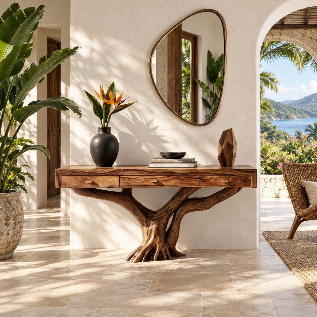 Rustic Tree Root Console Table With 3 Drawers For Entryway And Office
