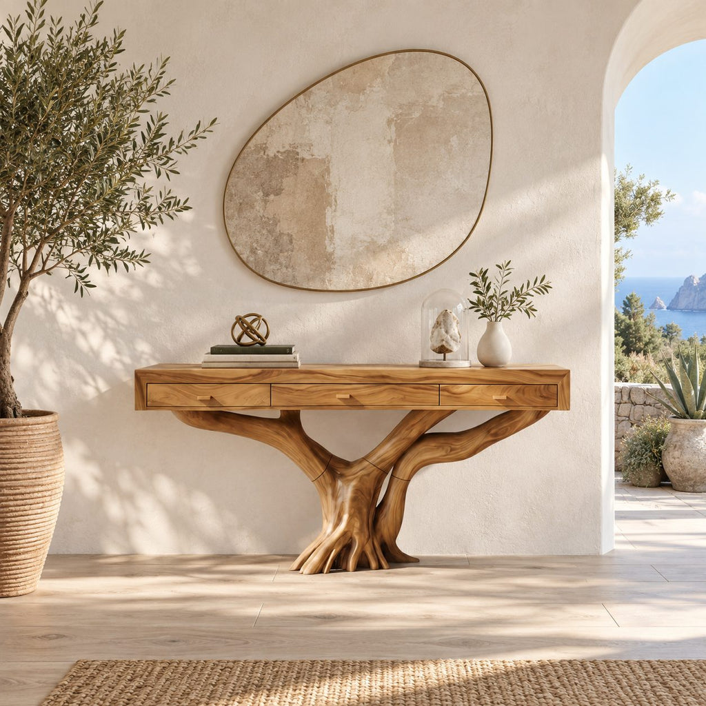 Rustic Tree Root Console Table With 3 Drawers For Entryway And Office