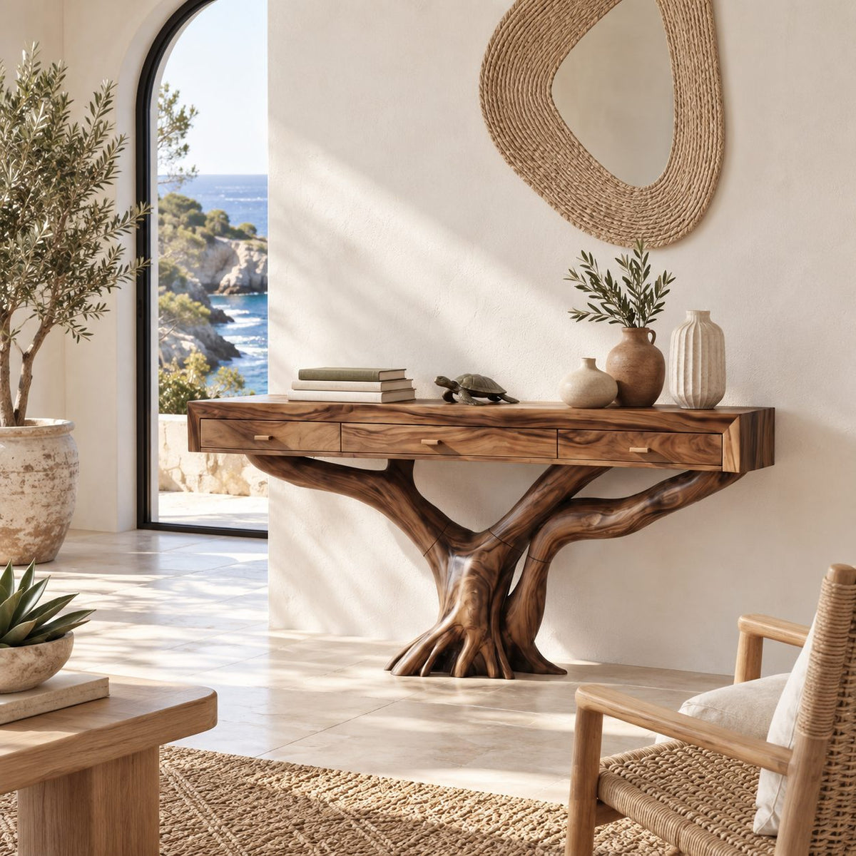 Rustic Tree Root Console Table With 3 Drawers For Entryway And Office