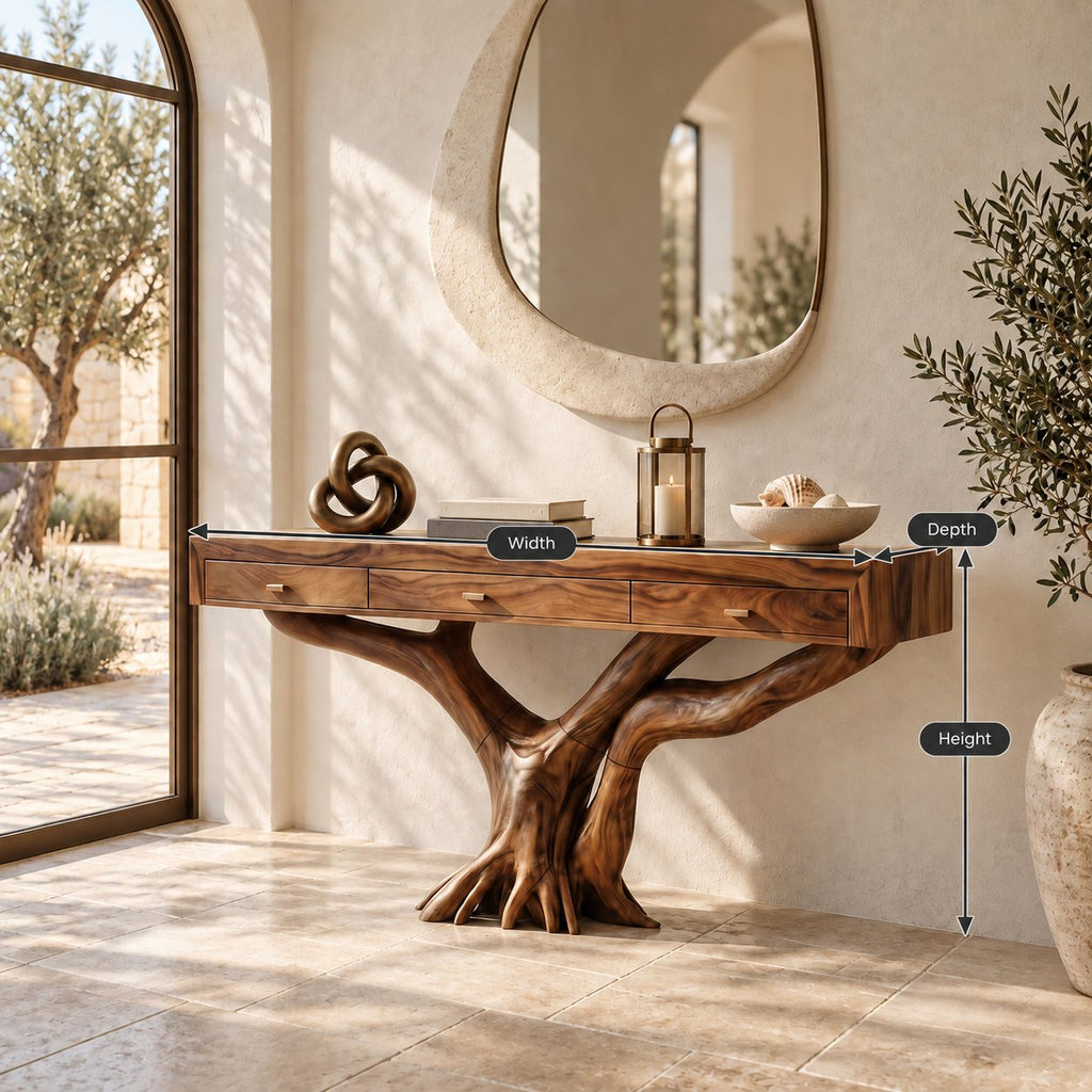 Rustic Tree Root Console Table With 3 Drawers For Entryway And Office