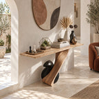 Sculptural Solid Wood Console Table With Twisted Pedestal Base For Entryway